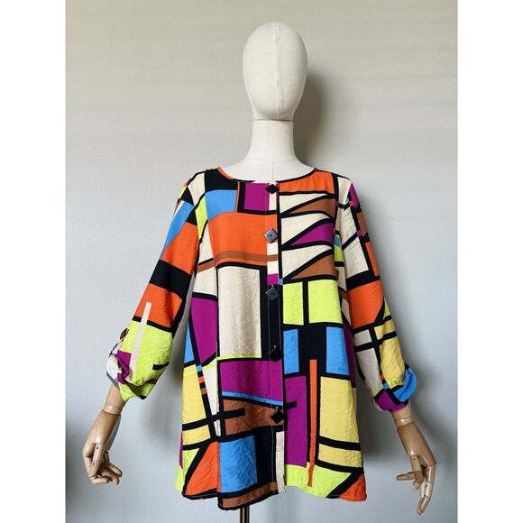 NWOT Ali Miles S Multicolor Abstract Print 3/4 Roll Tab Sleeve Tunic Top Artsy - Picture 1 of 15